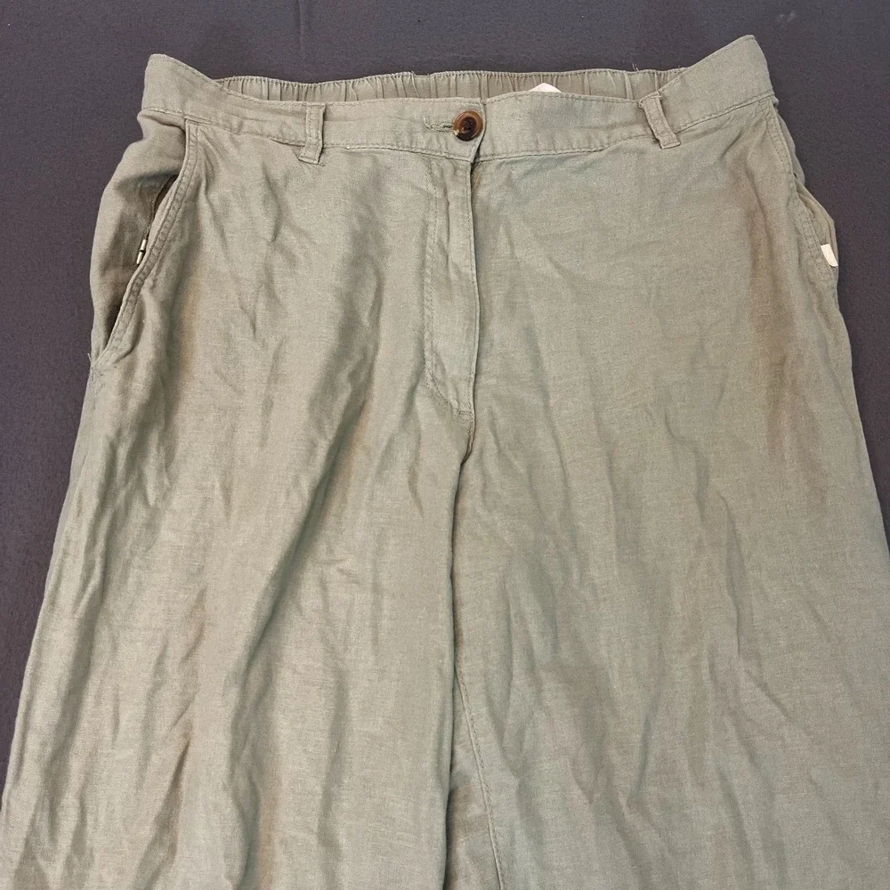 H&M Linen Blend Straight Retro Trouser Pants Women's Sz 12 Green Grey Beach Wide